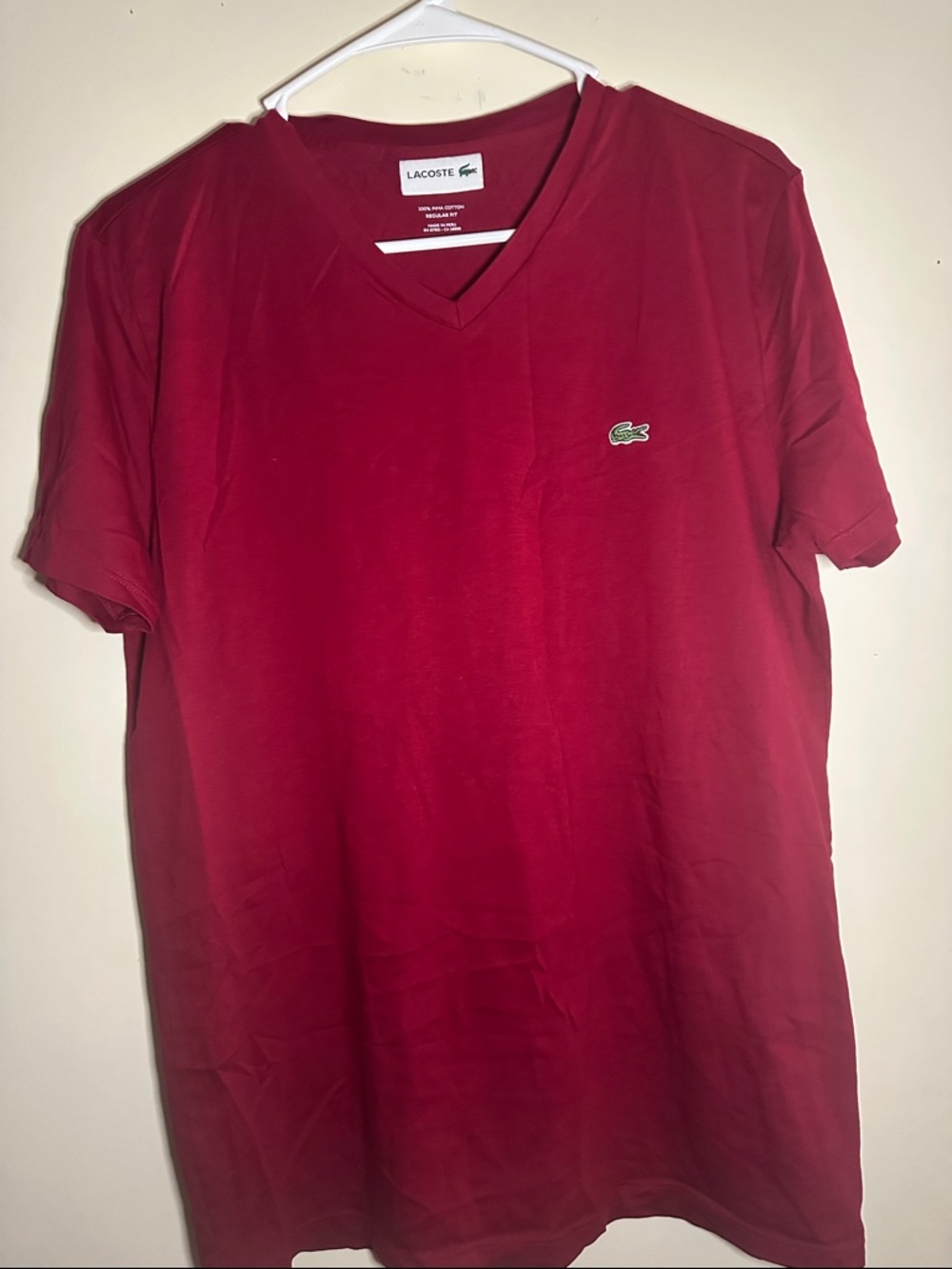 Lacoste Men’s V-Neck Polo in Red with Green Crocodile Logo